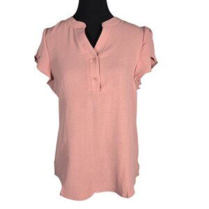 NWOT | Peach Solid Textured V-Neck Two Button Blouse Flutter Sleeve | Small